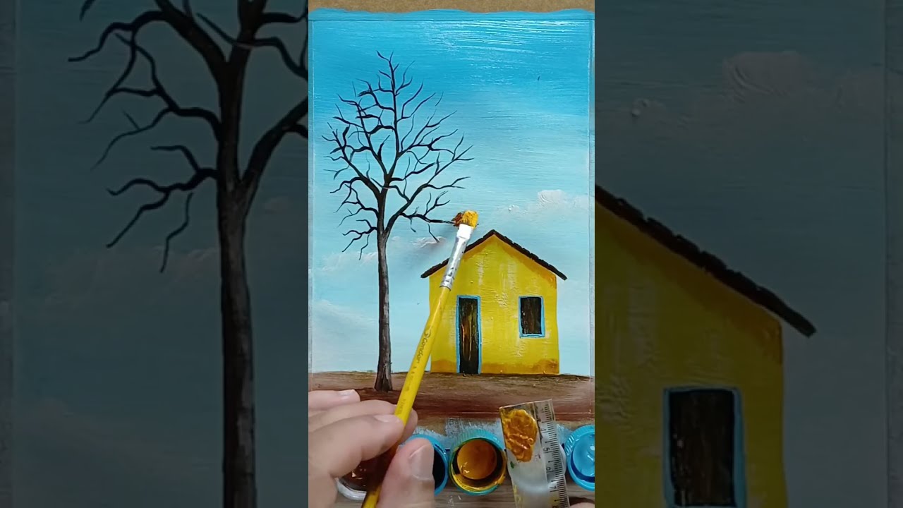 Como Pintar Paisagem com Casinha e Árvore para iniciantes 