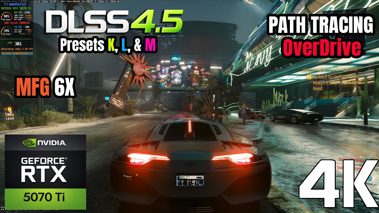 Cyberpunk 2077 - DLSS 4.5 - MFG 6X = Smooth Motion + 4X MFG - 4K Path Tracing O/D- RTX 5070 Ti