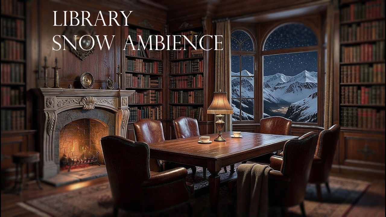 🔥 Cozy Library with Fireplace Sounds ❄️ Snowy Mountain Night for Deep Sleep & Insomnia Relief (4K)