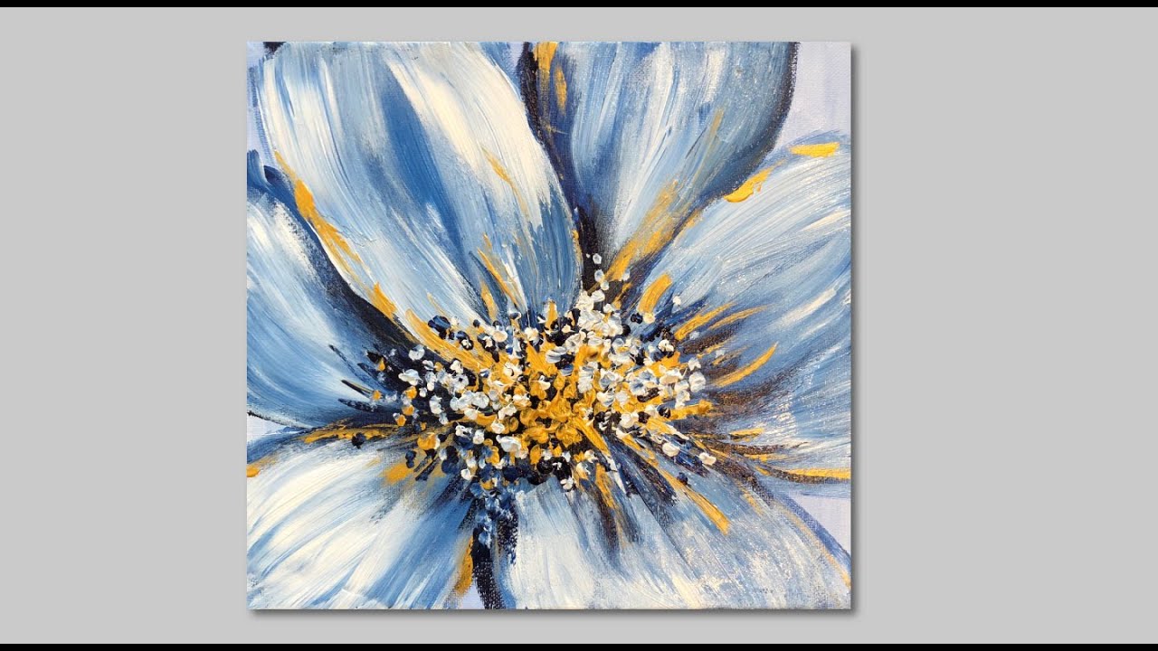 Abstract Acrylic Flower Painting with  Blue & Gold Paint