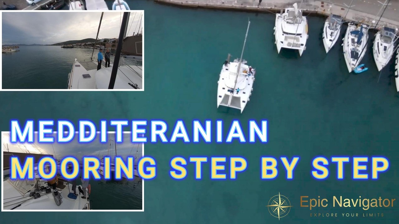 Швартовка катамарана в Средиземном море | Маневр в узкой гавани у острова Агистри