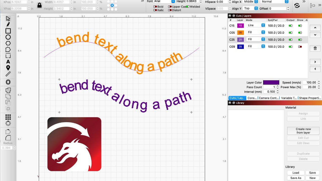 Как согнуть текст вдоль контура в Lightburn