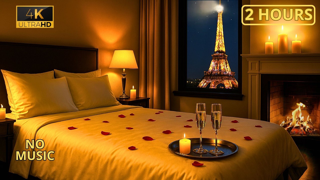 Romantic Night in Paris 4K (No music)🌙 Luxury bedroom ambiance : Eiffel Tower, champagne, fireplace