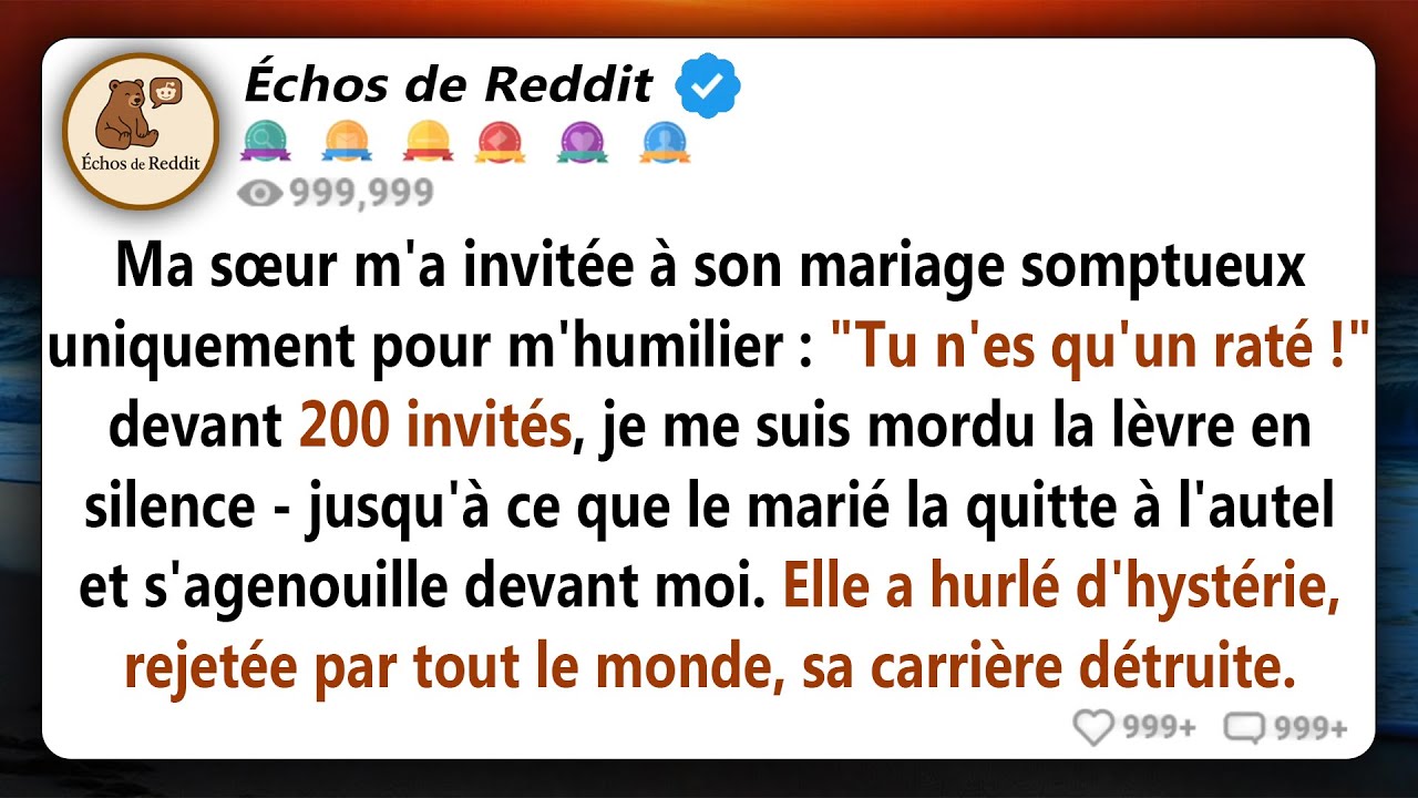 Ma sœur a essayé de m'humilier à son mariage de luxe, mais le marié l'a plantée à l'autel pour moi