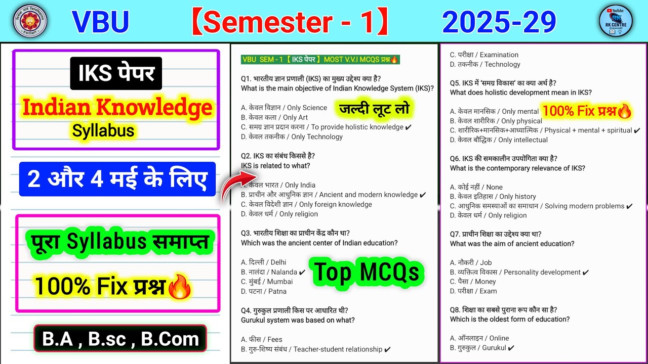 Most V.V.I MCQs🔥l VBU sem 1 IKS Indian knowledge system important questions। Iks semester 1 rk centr