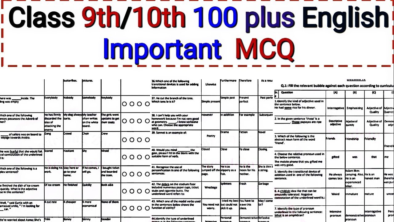 class 10th/ 9th 100 important MCQ | Most repeated and important English MCQ | SlO base English MCQ