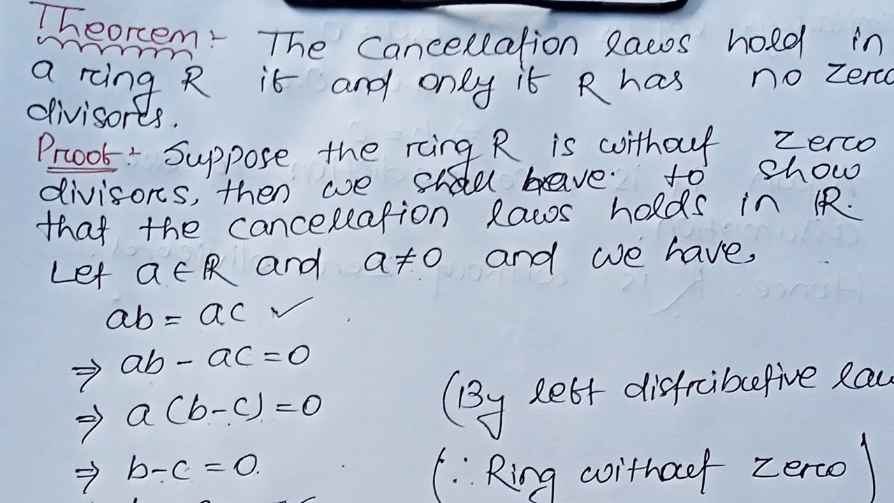 Ring Theory || Theorem" The Cancellation Laws Hold In A Ring R If And Only If R Has No Zero Divisor"