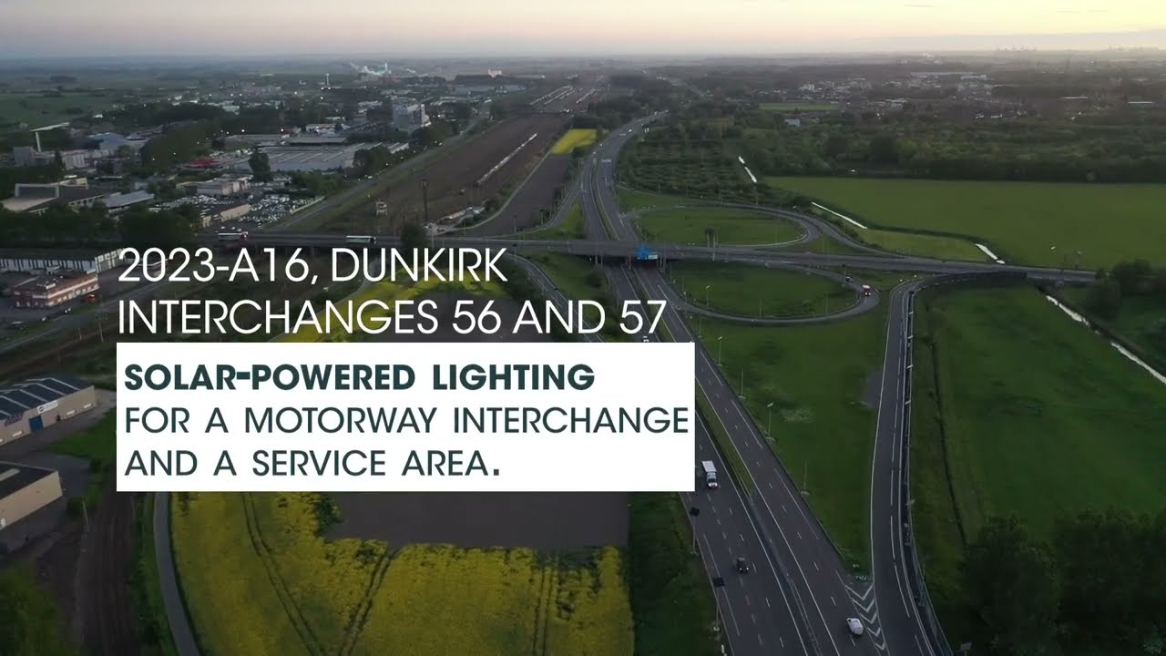 Solar-powered lighting for a motorway interchange and service area
