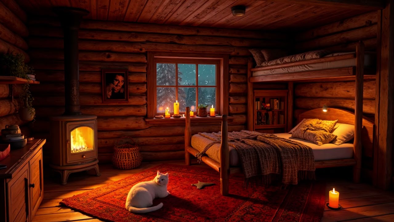 Quiet Winter Log Cabin Bedroom with Fireplace Glow and Sleeping Cat | Cozy Night Ambience