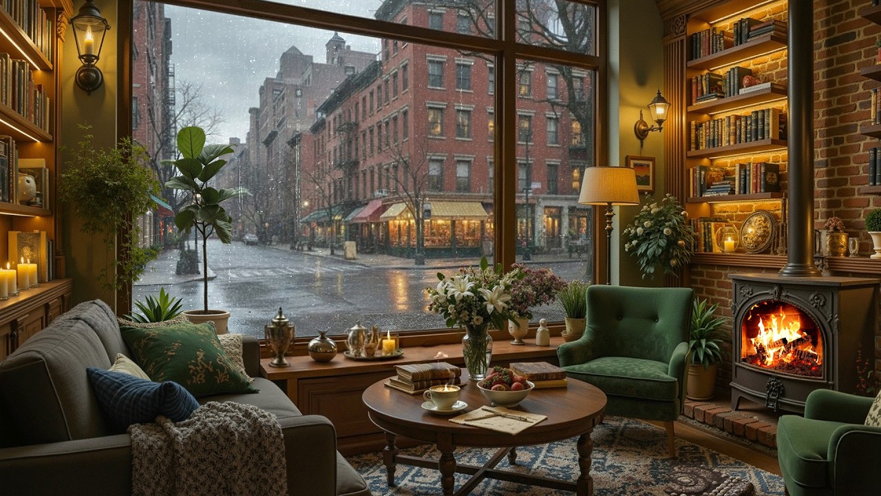 Cozy Coffee Shop in the February Rain ☕ Gentle Jazz Piano & Fireplace Sounds for Focus and Relax