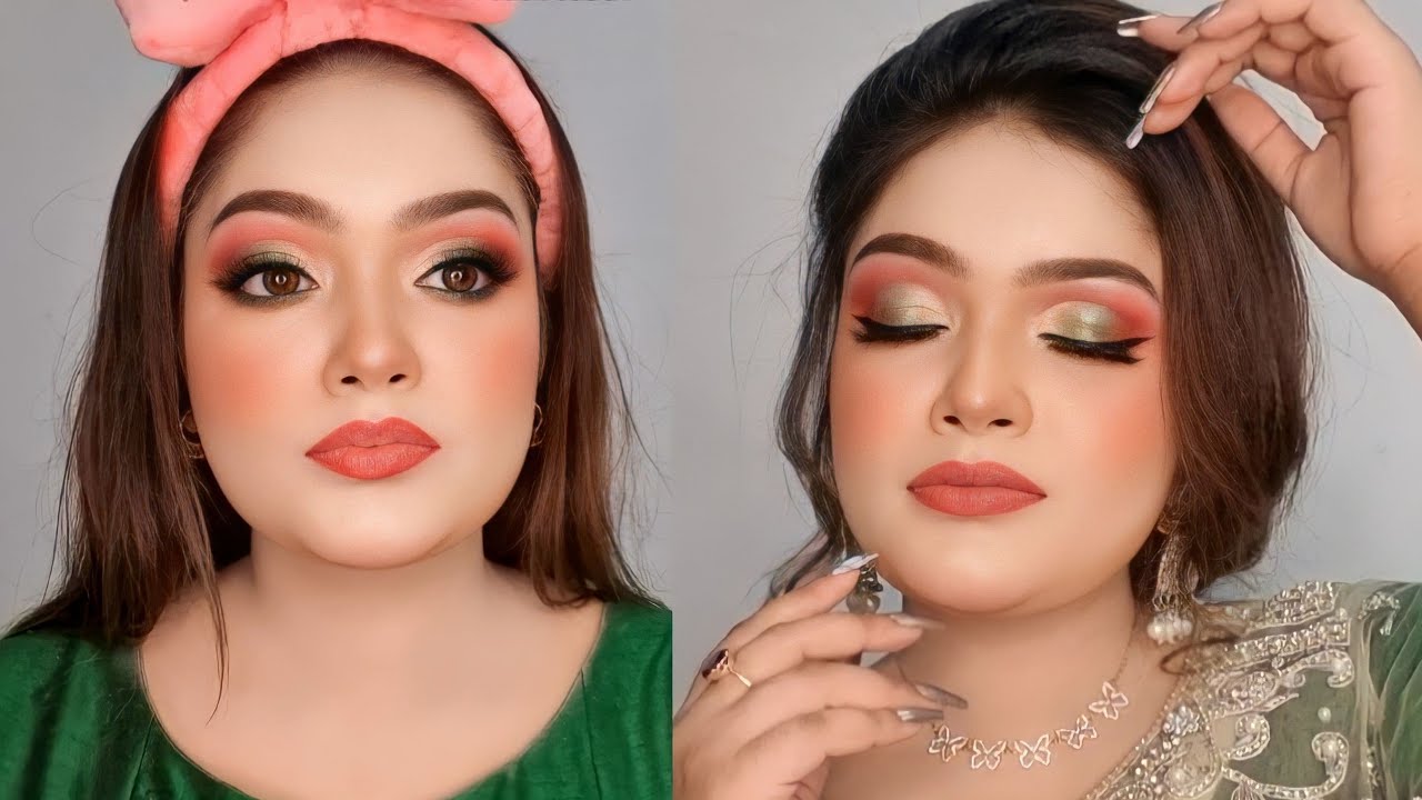Green and Pink Barbie Cut Crease Makeup Tutorial | Walima Look | Long lasting base Technique...