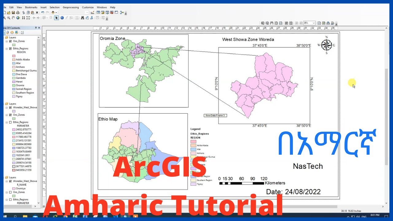 ArcGIS | Creating map on ArcGIS Amharic tutorial|nastech|Title|Date| Grid| Scale|Author  |NAMONET.