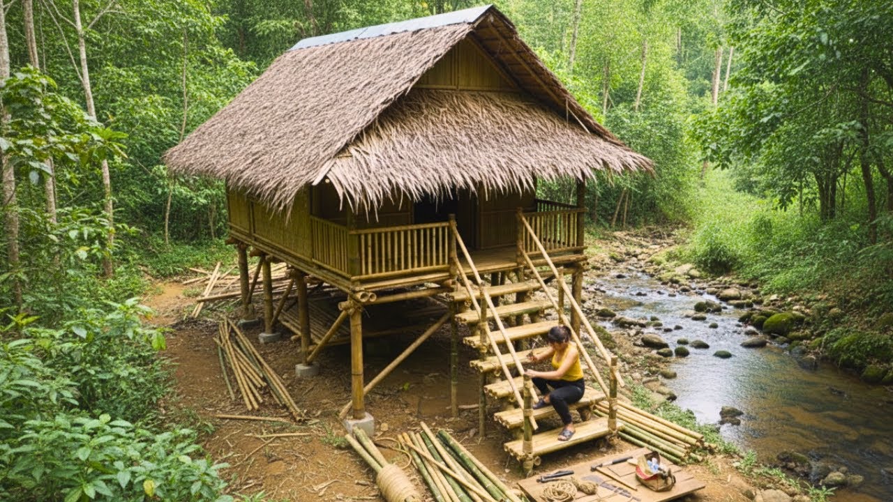 A Girl Building the Stairs and Installing Safety Railings – Completing the Forest Shelter