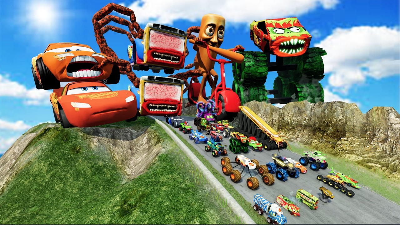 Big & Small Lightning Mcqueen, King Dinoco, Tow Mater vs Pixar Cars vs DOWN OF DEATH - BeamNG.Drive