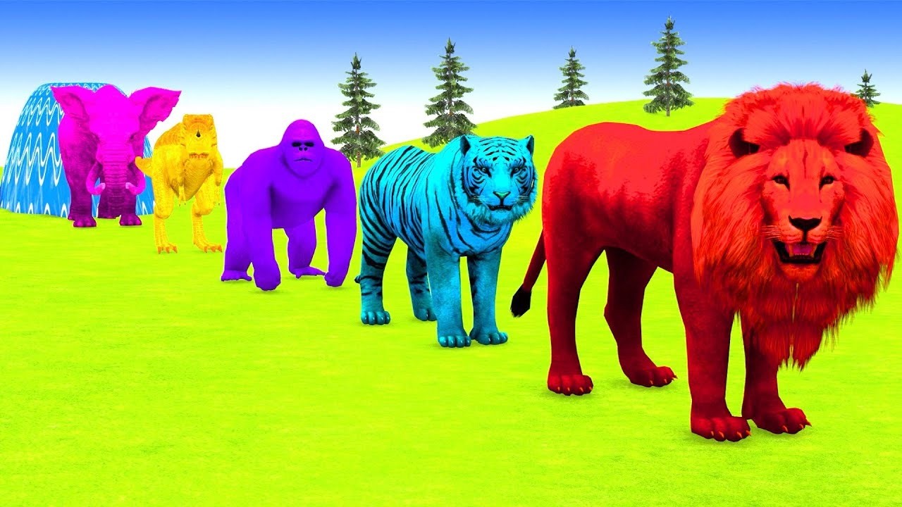Long Slide Game With Elephant Gorilla Buffalo Hippopotamus Tiger - 3d Animal Game - Funny 3d Animals