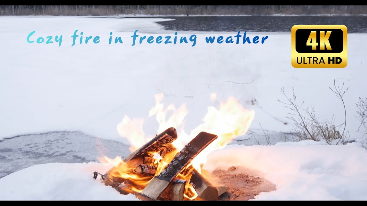 Cozy Campfire Sounds by an Icy Lake | Snowfall & Soft Water Ambience
