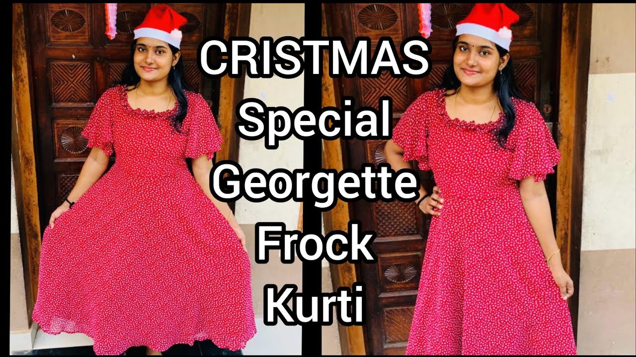 Printed Frock Model Georgette kurti🥰|| Frilled Neck with Butterfly Sleeves Umbrella Kurti Making