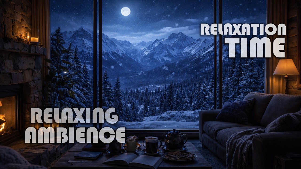 Cozy Villa Fireplace at Night ❄️🏔️ | Snowfall Mountain View | ASMR Winter Ambience for Deep Sleep