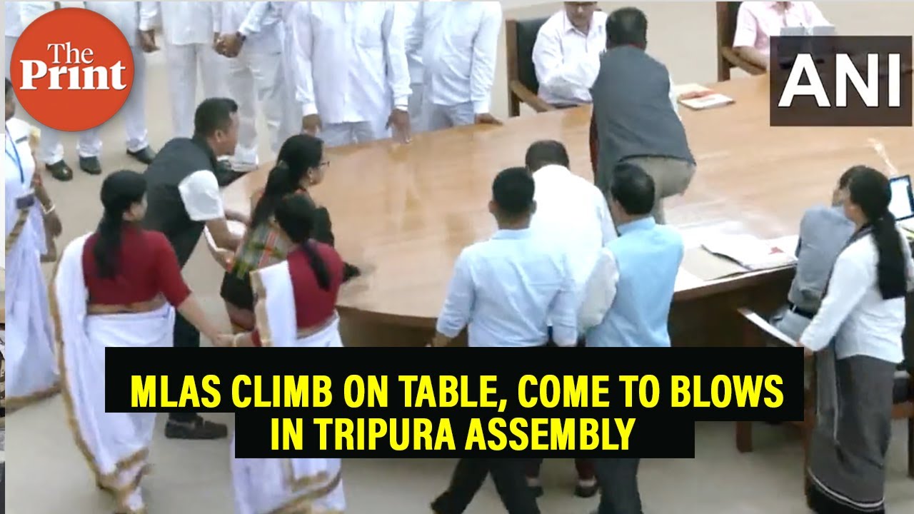 Watch: MLAs climb on table, come to blows in Tripura Assembly protesting