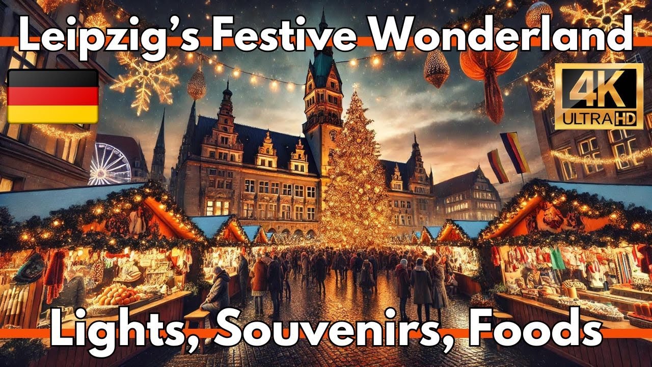 CHRISTMAS MARKET LIGHTS,SUVENIR AND FOODS DAY/NIGHT LEIPZIG GERMANY DECEMBER 2024 4K WALKING TOUR