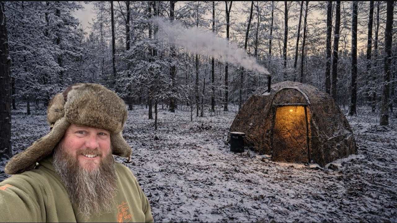Solo Hot Tent Camping in the Snow - Wood Stove Wild Game Cooking