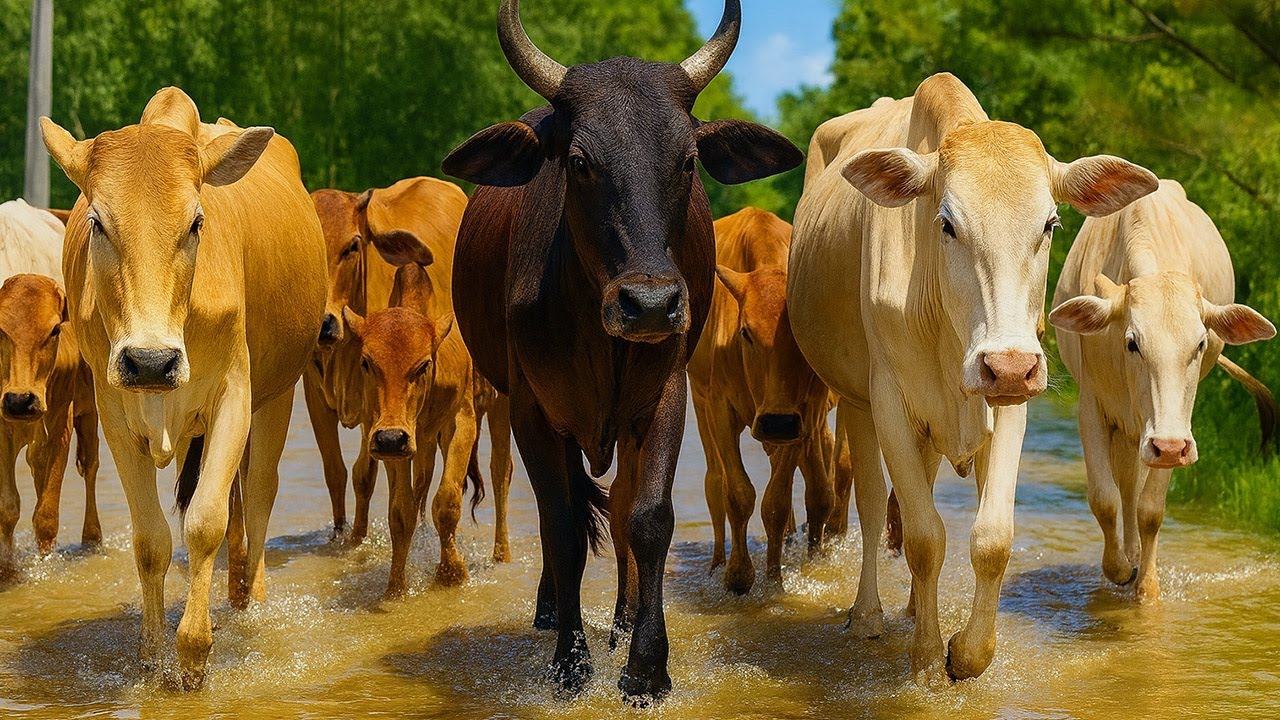 Mengembalakan sapi lembu jinak yang berjalan memasuki area ladang rumput hijau||suasana alam sejuk.