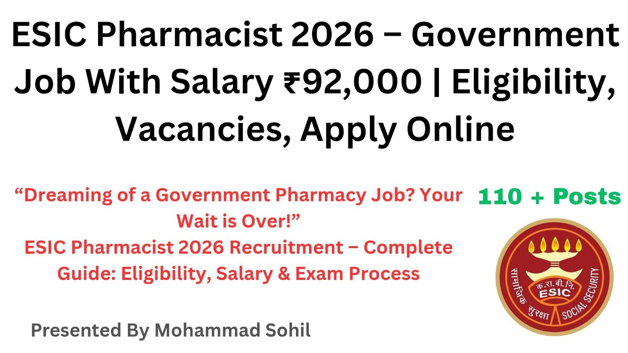 ESIC Pharmacist Recruitment 2026 🚨 | ₹92,300 Salary | Permanent Government Job | #jobs #freshers