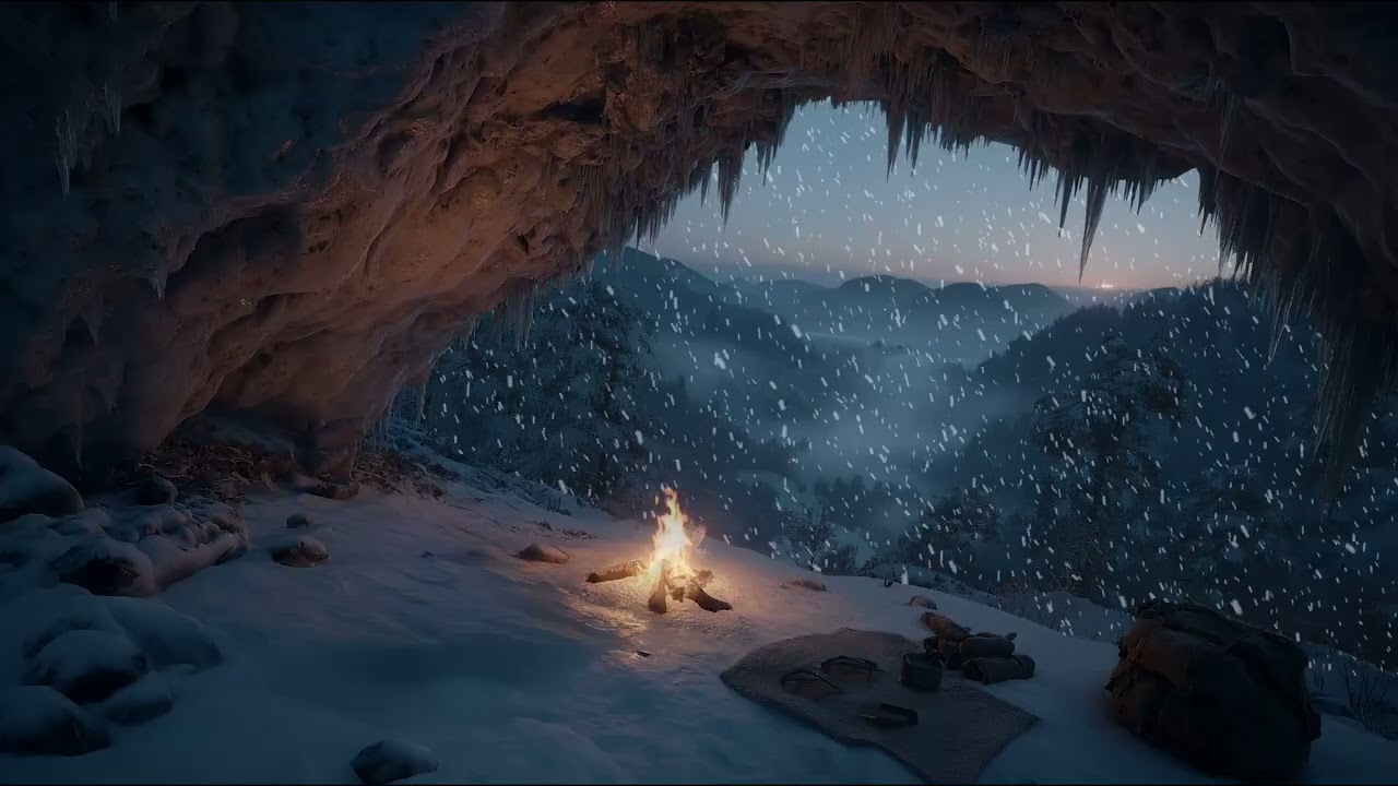 Warm Cave by the Fire Overlooking Snowy Mountains – Relaxing Fire and Wind Sounds for Sleep