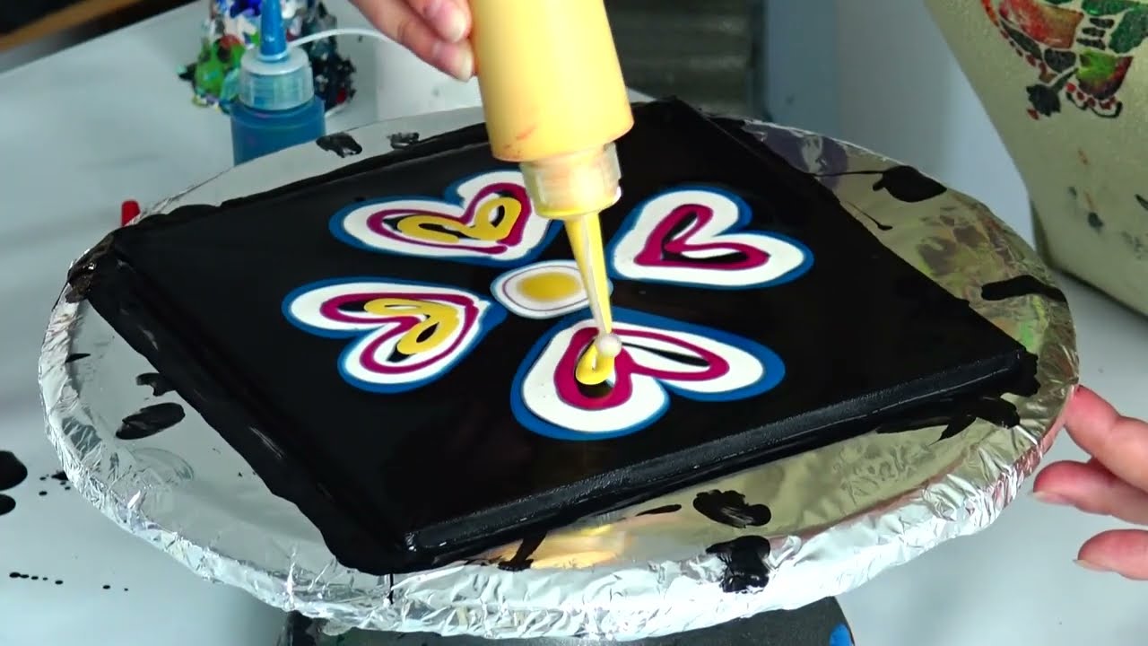 Flower of Heart ~ Easy Flower Acrylic Pouring Painting Anyone can Try!