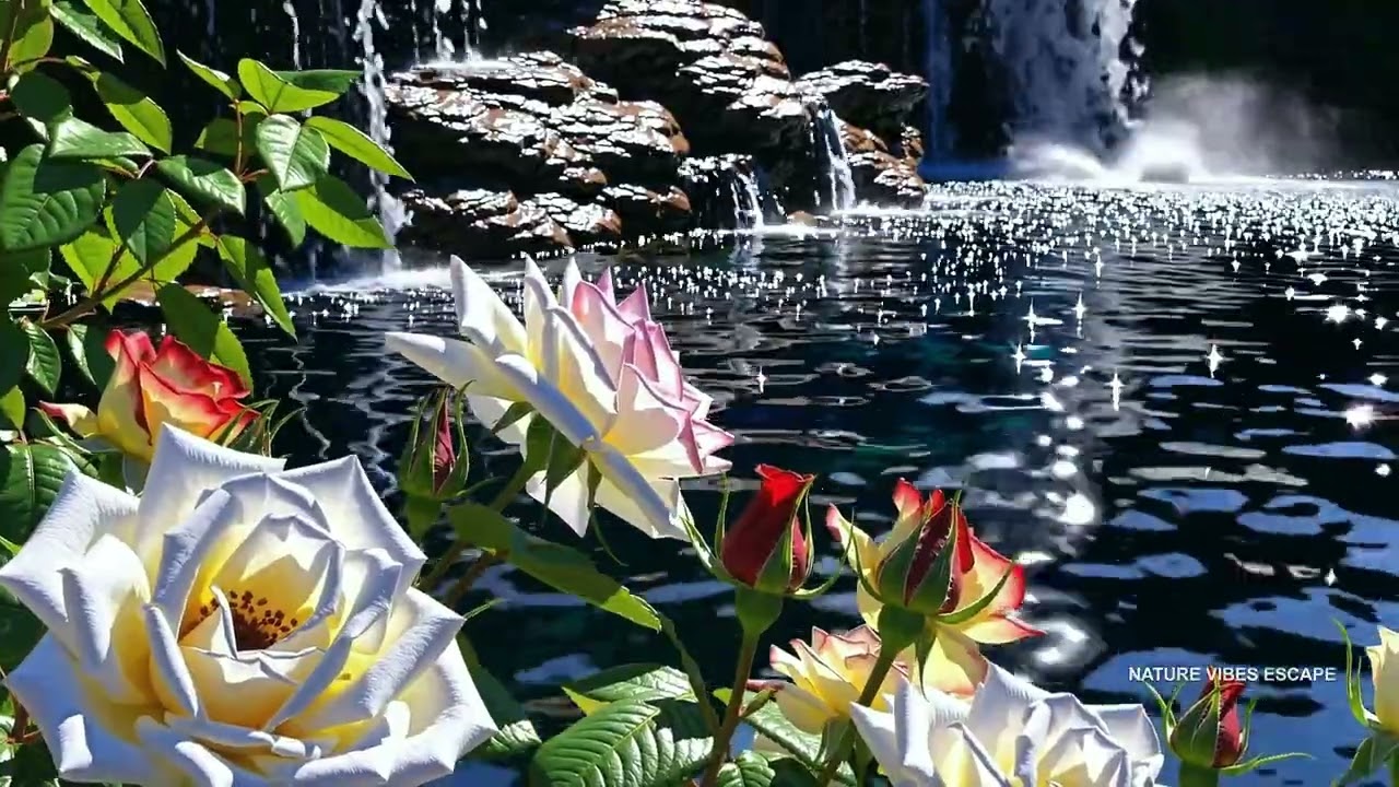 CALM waterfall sounds 💧 Rose Garden Ambience 🌹 Sleep &bull; Study &bull; Focus | 4k
