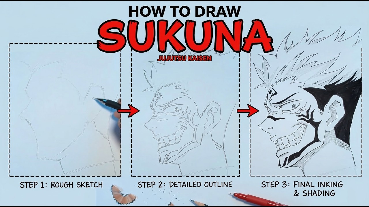 How to Draw Ryomen Sukuna / Itadori Yuji from Jujutsu Kaisen | Step by Step Anime Drawing Tutorial