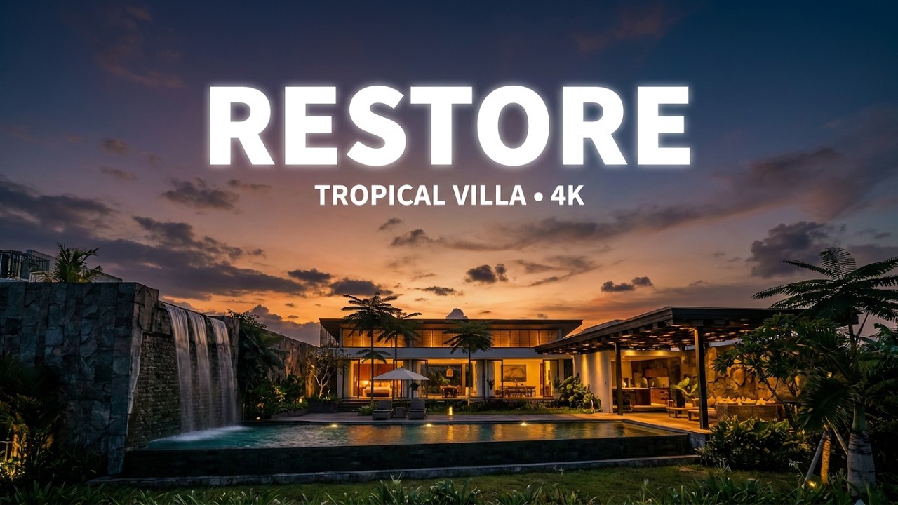 Luxury Tropical House Sunset 🌅 Ocean Waves, Pool Waterfall & Relaxing Beach Ambience | 4K