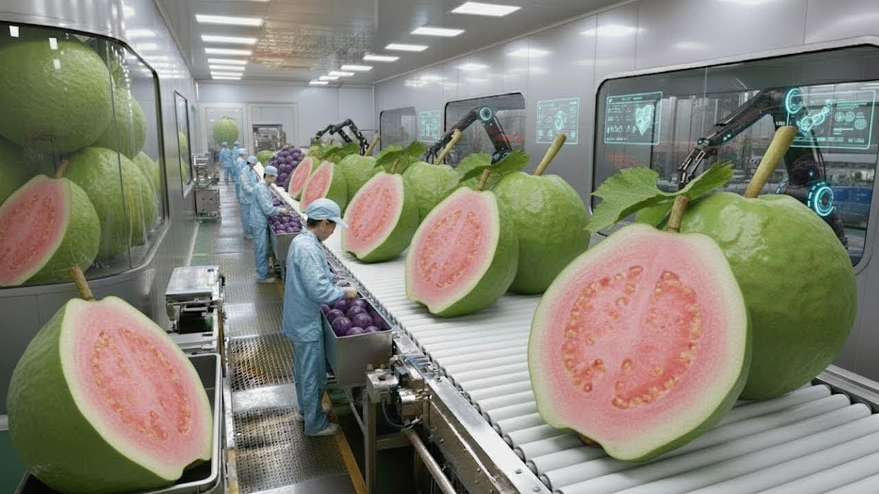 Proceso de producción de jugo de guayaba en una fábrica moderna y automatizada