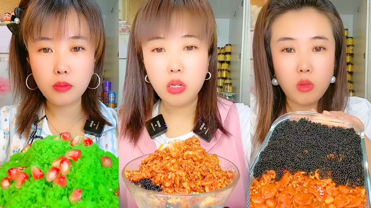 Green Crumb Dessert and Spicy Worm Snack Pearl Tray Mukbang