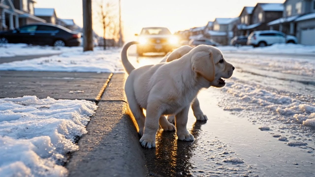 Two puppies were frightened after being separated from their mother in the middle of a busy street.