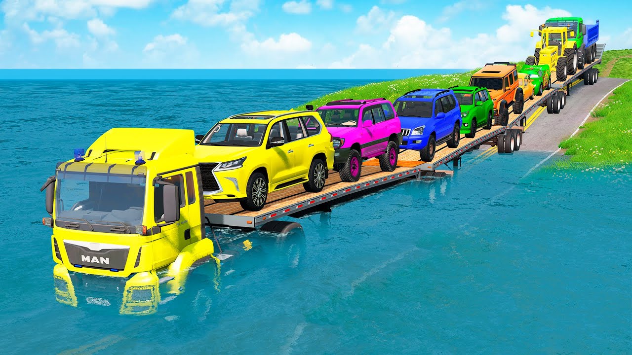 Triple Flatbed Trailer McQueen Transportation with Truck - Speedbumps vs Cars vs Train - BeamNG #10