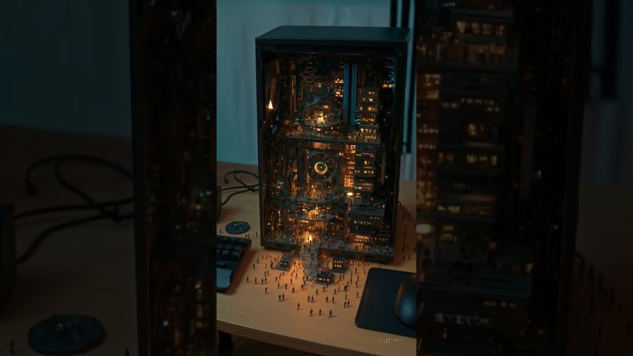 Miniature city inside a PC #MiniWorld #CyberCity #TinyLife #AuraGallery #VisualDelight