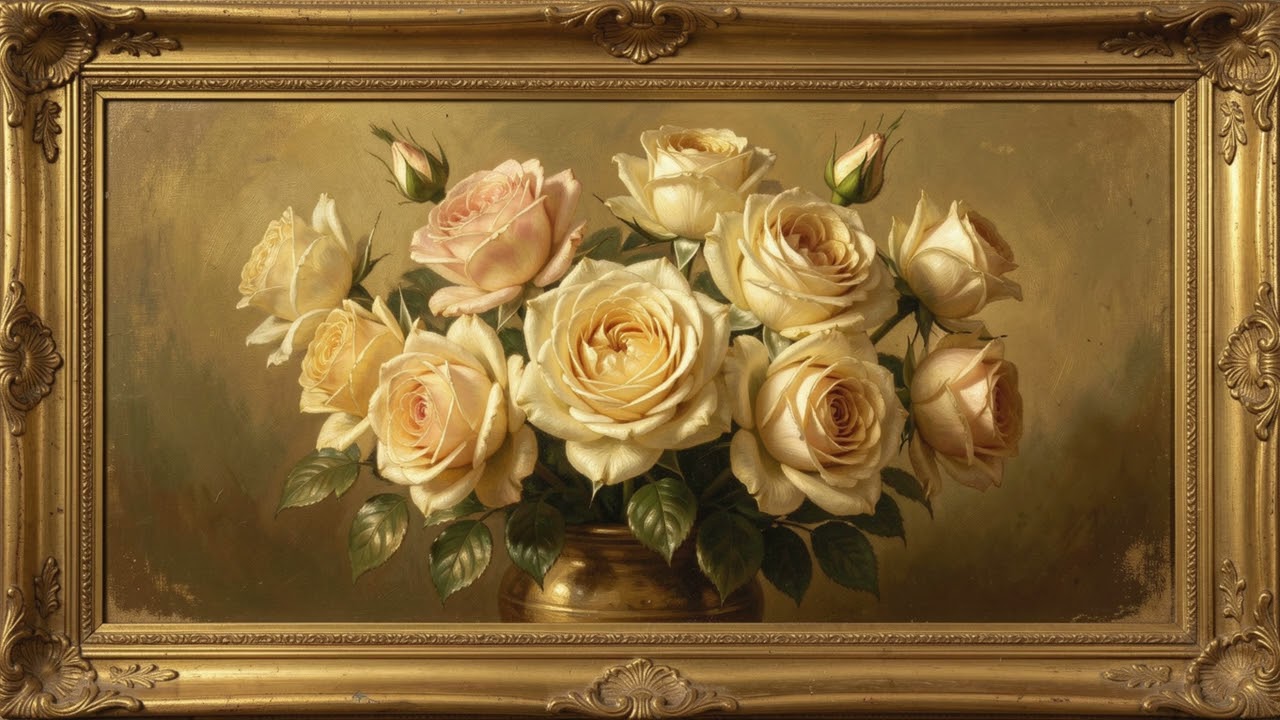 4K | 2 Hours Framed Painting Screen | Golden Rose Still Life | Relaxing Piano Music