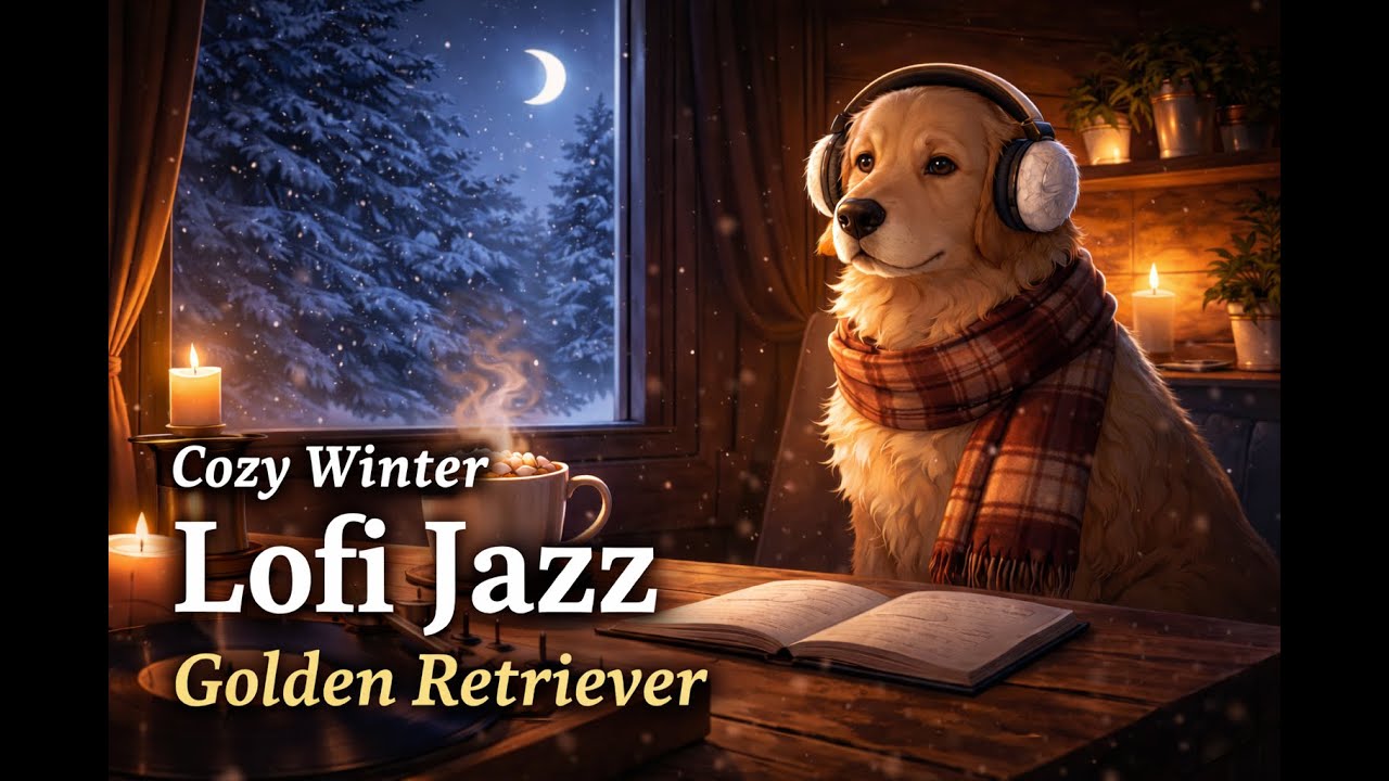 Cozy Winter Lofi Jazz ☕❄️ Golden Retriever by the Window | Snowy Night Ambience