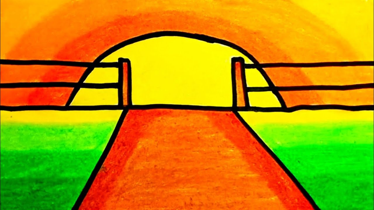 How To Draw a Sunset Landscape Easy Step By Step | Drawing Sunset Landscape With Oil Pastels  Easy