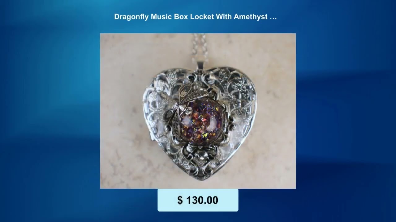 Dragonfly Music Box Locket With Amethyst Glass Opal