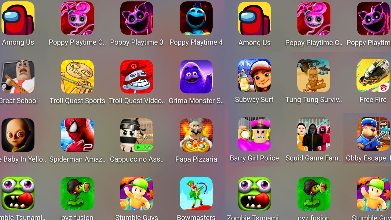 Grimace Monster Scary Survival,Great School,Poppy Playtime 4,Roblox,PvZ Fusion,Prison Rat Dance.....