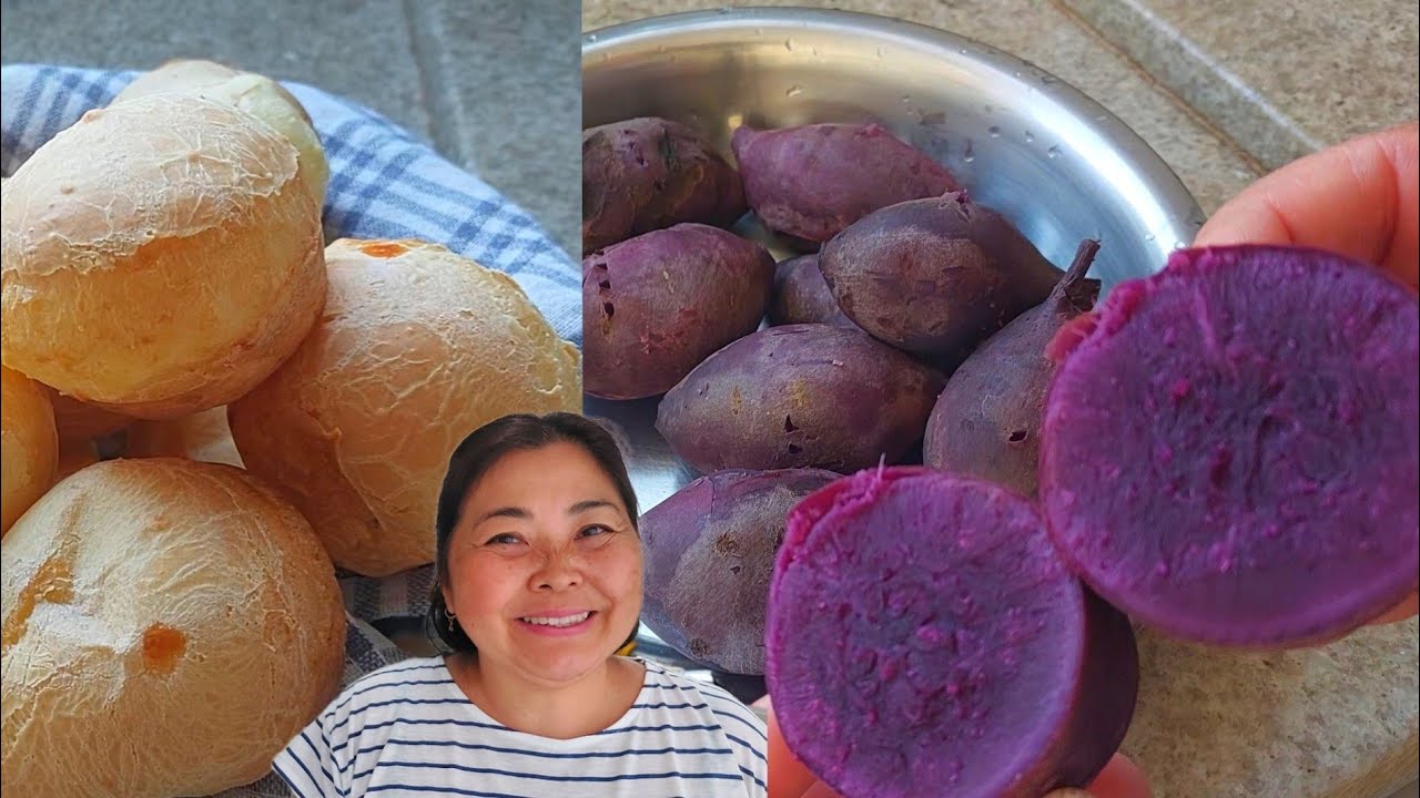 FIZ PÃO DE QUEIJO QUE NÃO SUJA AS MÃO | COZINHEI BATATA DOCE ROXA POR DENTRO COLHIDA NA CHÁCARA