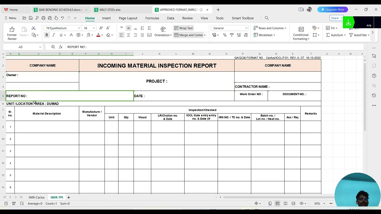 IMR REPERT (Incoming material inspection report)