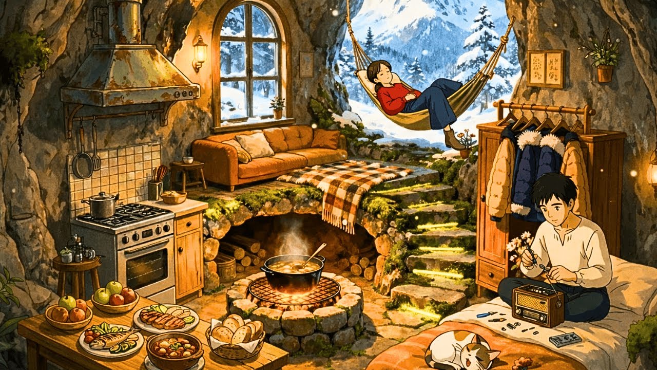 A Cozy Day Inside A Mountain Cave On Snowny Days I Ghibli Silent Days | Studio Ghibli Style