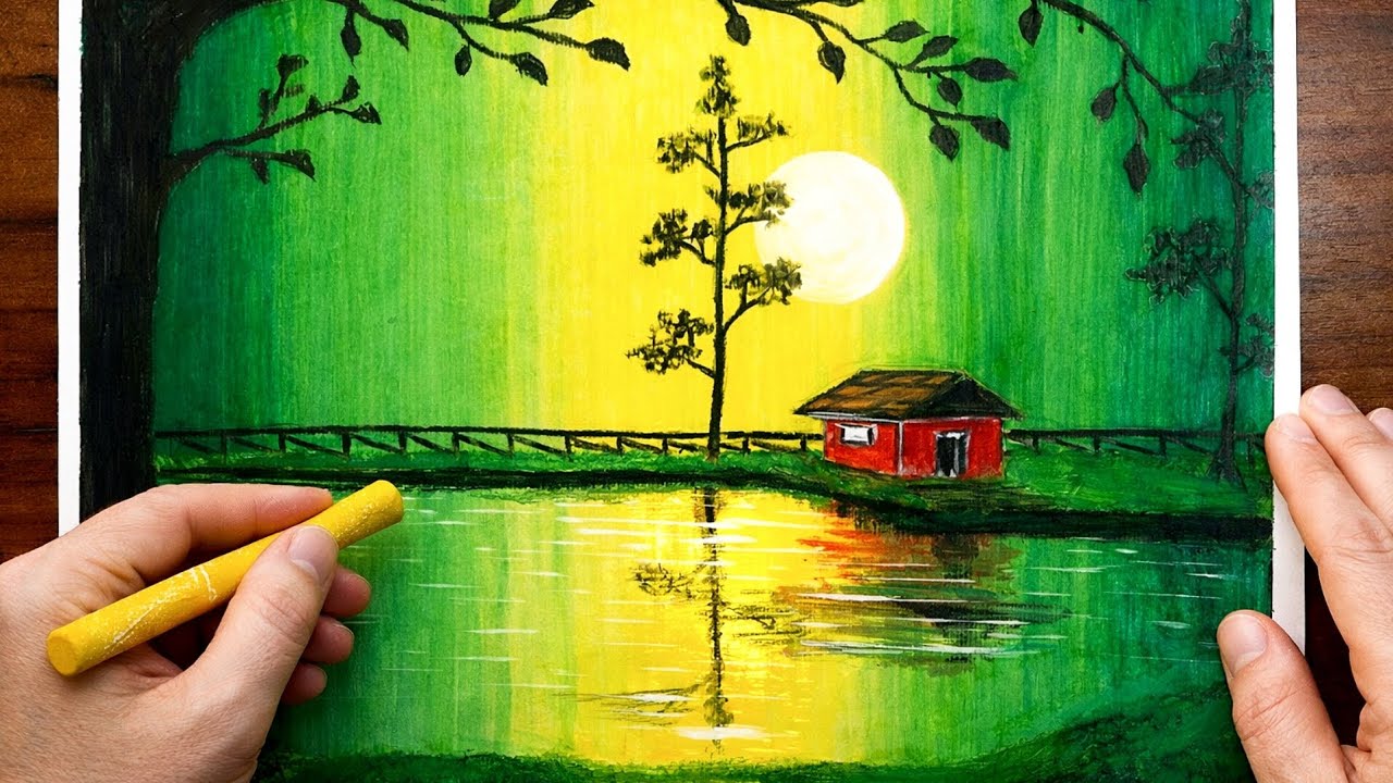 Easy Oil Pastel Landscape Drawing Tutorial | Moonlight Lake Scenery with Red House #oilpasteldrawing