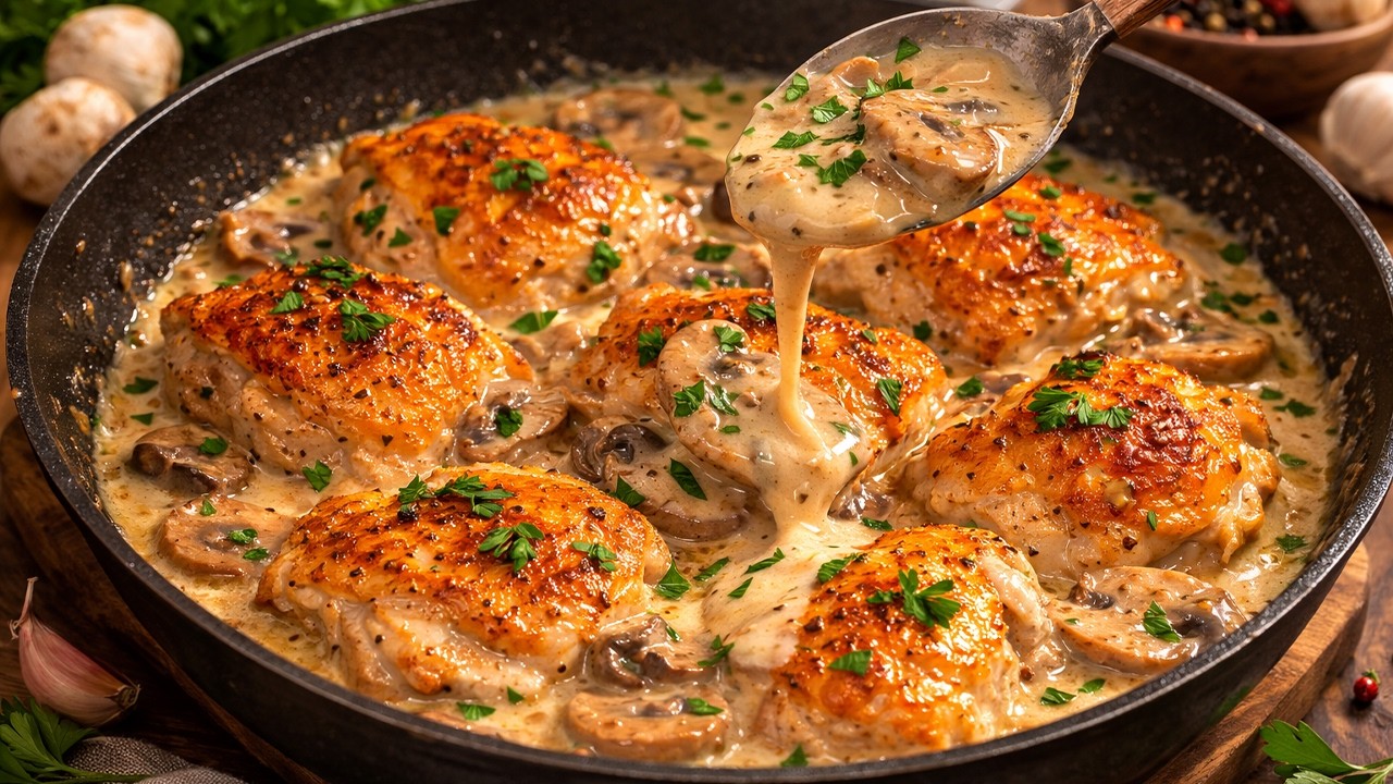 Этот сливочный куриный рецепт с сыром 🧀 и грибами — просто невероятный! 😍 Очень вкусно