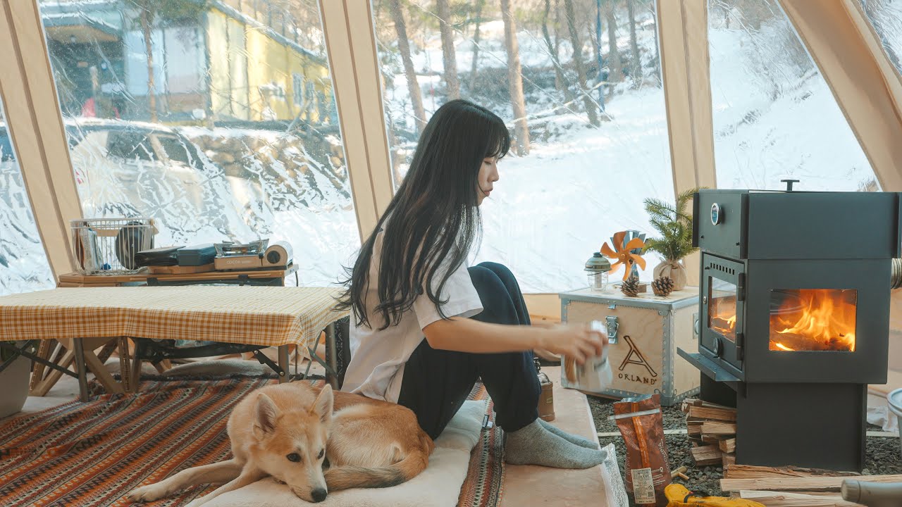 바깥은 영하-14도, 실내온도 28도  따뜻한 텐트 안 / 화목난로가 있는 장박 텐트 /우대갈비 / 캠핑브이로그