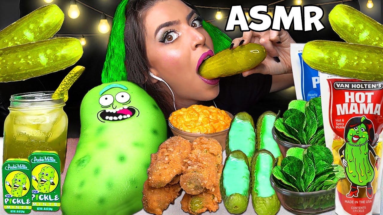 ASMR FRIED PICKLES, GIANT DILLS, PICKLE RICK CAKE, CHEESE SAUCE MUKBANG 먹방