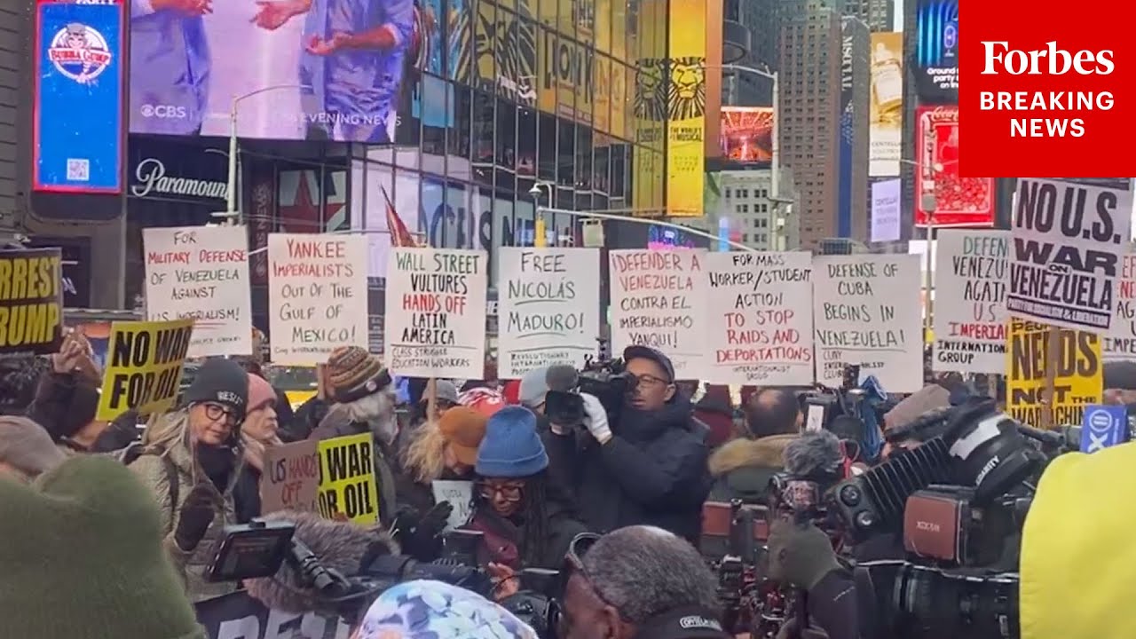RAW VIDEO: Protesters Demonstrate In NYC's Times Square Against U.S. Strikes On Venezuela
